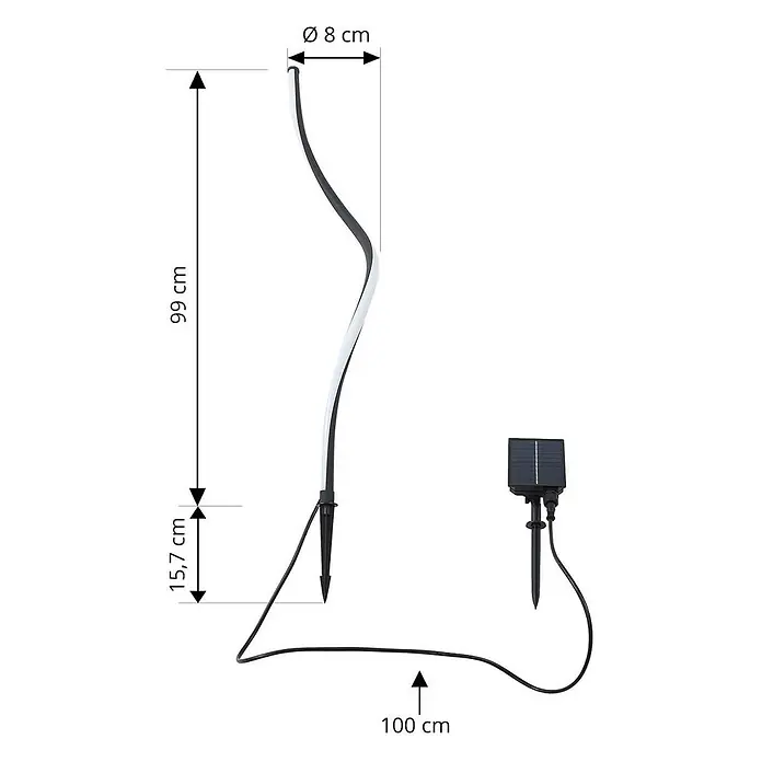 Lindby Erdspießleuchte Sabiel -  - Geschwungene 99 cm Solar-Gartenleuchte, 8 cm Ø, mit weißem LED-Streifen, schwarzem Erdspieß und separatem Solarpanel, 100 cm Kabel.