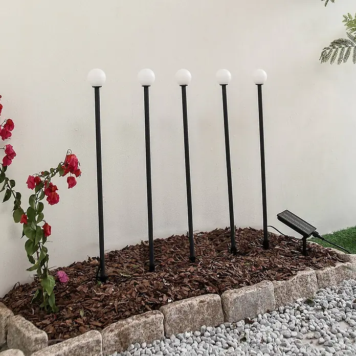Lindby LED Solar Gartenlampe Erdspieß in schwarz matt, Erdspießlampe -  - Fünf schwarze Solar-Gartenleuchten mit weißen Kugelaufsätzen in einem Gartenbeet mit Rindenmulch, betrieben durch ein externes Solarpanel.