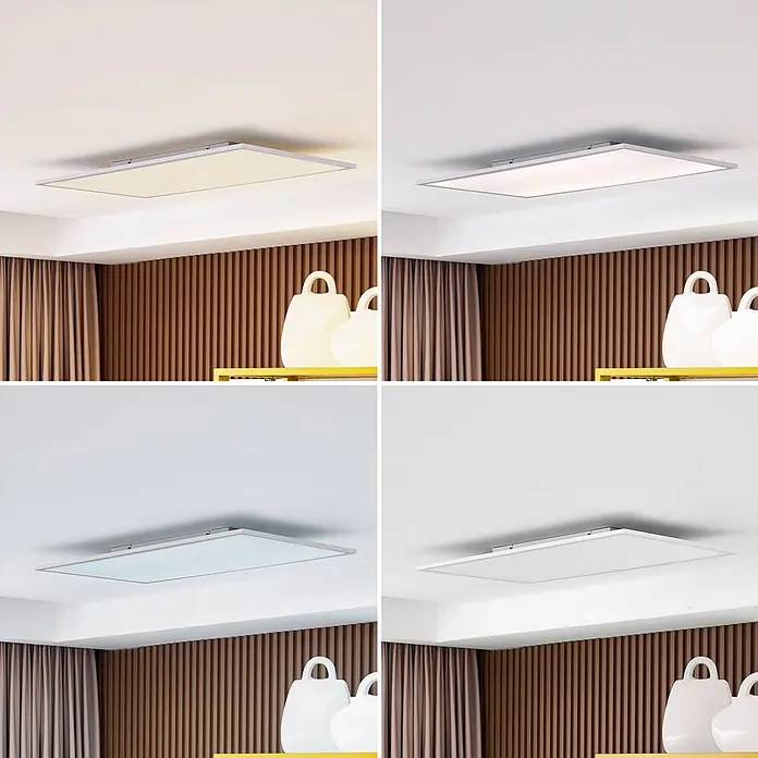 Lindby LED-Panel Lamin - weiß / opal - Rechteckige LED-Deckenleuchte mit silbernem Rahmen, die einstellbare Lichtfarben von warm- bis kaltweiß demonstriert.