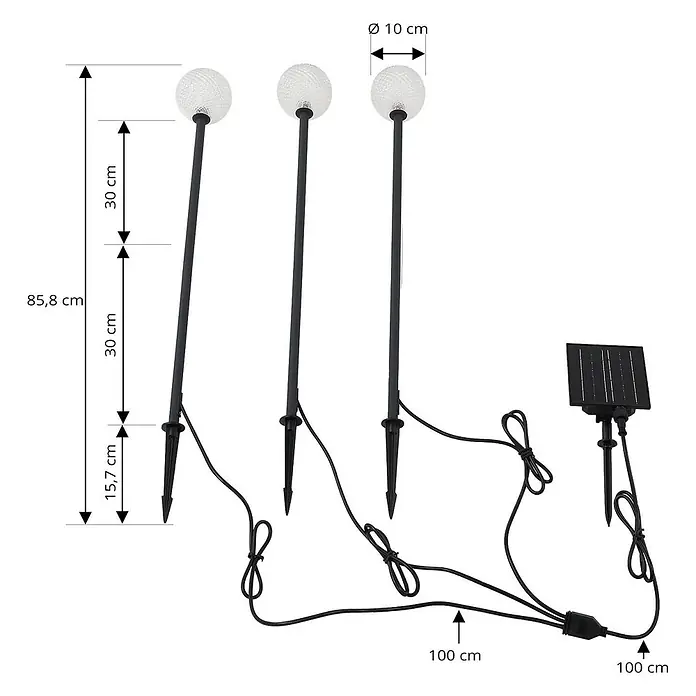 Lindby LED Solar Gartenlampe Erdspieß in schwarz matt, transparent, -  - Set aus 3 schwarzen Solar-Gartenleuchten mit satinierten Kugeln und separatem Solarpanel, Maße angezeigt.