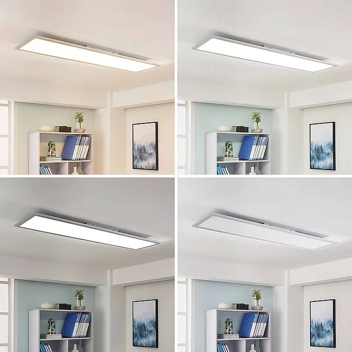 Arcchio LED Deckenleuchte flach in silber, weiß, dimmbar Panel -  - Rechteckige LED-Deckenleuchte mit schlankem Rahmen, in einem Raum mit variablen Farbtemperaturen gezeigt.