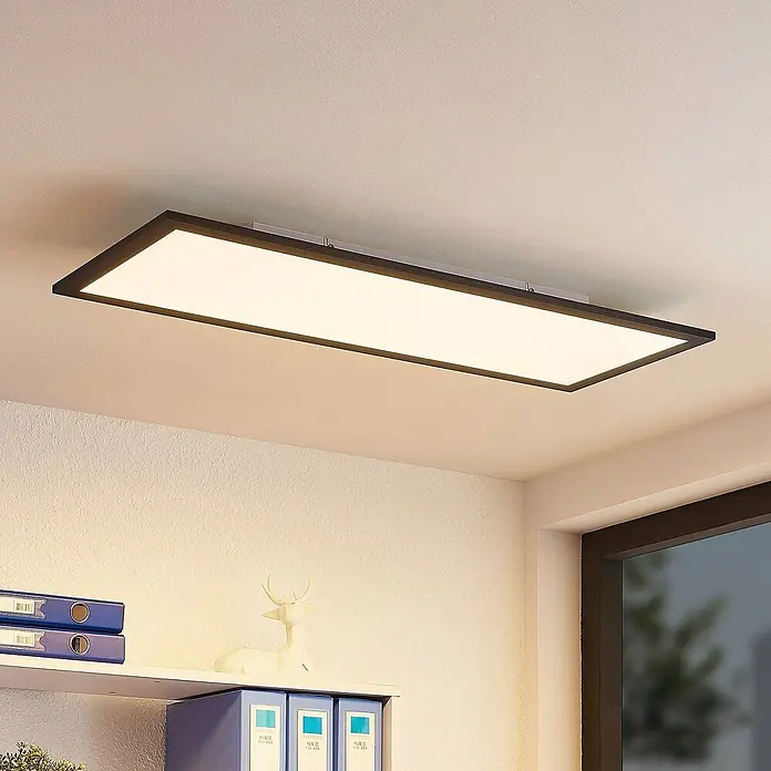 Lindby LED-Panel Nelios - schwarz, schwarz, Neutralweiß - Rechteckige, schwarz gerahmte LED-Deckenleuchte mit weißem Diffusor, die einen modernen Büroraum beleuchtet.