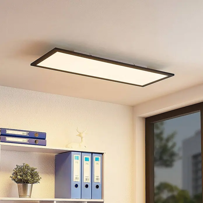 Lindby LED-Panel Nelios - schwarz, schwarz, Neutralweiß - Rechteckige LED-Deckenleuchte mit schwarzem Rahmen, beleuchtet ein modernes Büro.