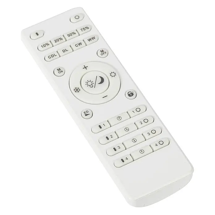 Lindby LED Deckenleuchte flach in schwarz, weiß, dimmbar Panel -  - Weiße Kunststoff-Fernbedienung für intelligente Beleuchtung, mit Tasten für Dimmen, Farbtemperatur und Timer-Einstellungen.