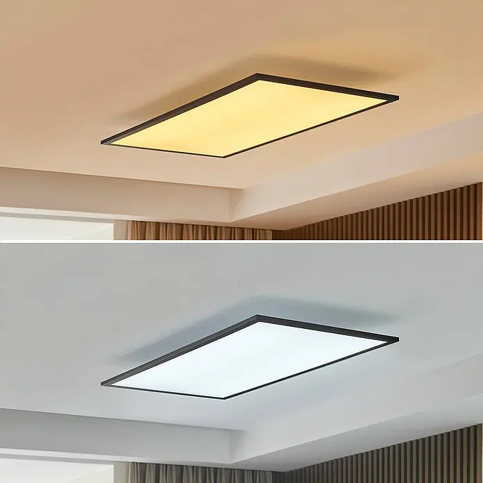 Lindby LED Deckenleuchte flach in schwarz, weiß, dimmbar Panel -  - Rechteckige Deckenleuchte mit dunklem Rahmen, gezeigt mit warmem gelbem und kühlem weißem Licht.