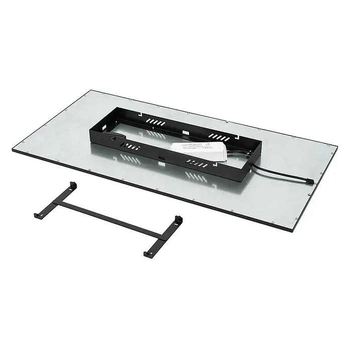 Lindby LED Deckenleuchte flach in schwarz, weiß, dimmbar Panel -  - Rückseite einer rechteckigen LED-Platte mit silberner Metallplatte, schwarzem Treibergehäuse, weißem Netzteil und separater schwarzer Halterung.