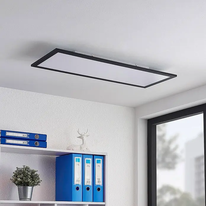 Lindby LED-Panel Nelios - schwarz, schwarz, Neutralweiß - Rechteckige LED-Deckenleuchte mit schwarzem Rahmen und weißer Lichtfläche, an einer weißen Decke in einem Büro montiert.