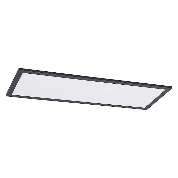 Lindby LED-Panel Nelios - schwarz, schwarz, Neutralweiß - Rechteckige dunkelgraue LED-Panel-Leuchte mit weißer Lichtfläche, angewinkelte Ansicht.