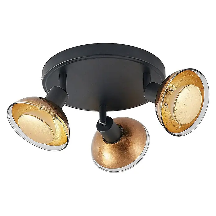 Lindby Deckenstrahler Erin - schwarz, messing / gold, GU10 - Schwarze Deckenleuchte mit drei verstellbaren Spots, klaren Glasschirmen und Blattgoldeffekt innen.