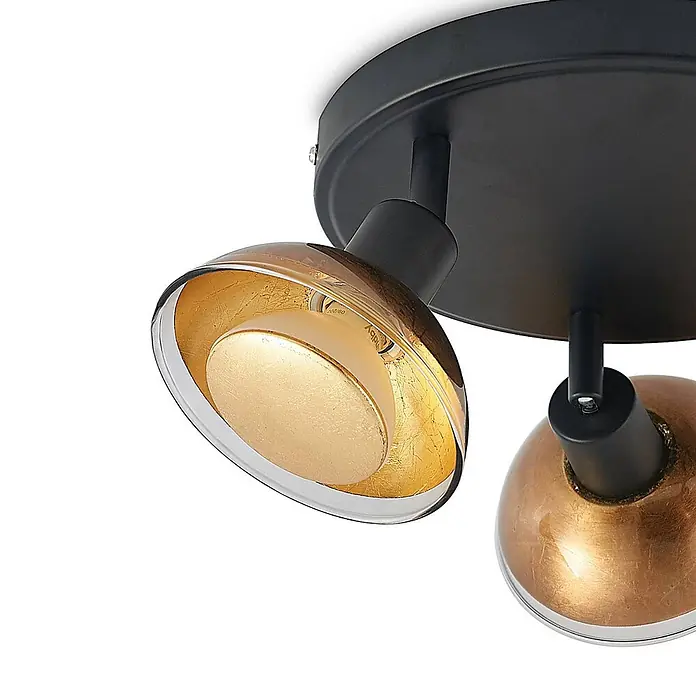 Lindby Deckenstrahler Erin - schwarz, messing / gold, GU10 - Schwarzer Deckenstrahler mit zwei goldenen Blattglas-Schirmen und mattierten Leuchtmitteln.