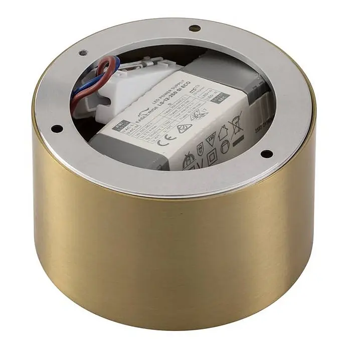 Lindby LED Aufbauleuchte gold Ø 11 cm, Aufbaustrahler, Deckenspot 9W LED -  - Runder, gebürsteter Messing-LED-Leuchtenkörper mit sichtbarem internen Netzteil.