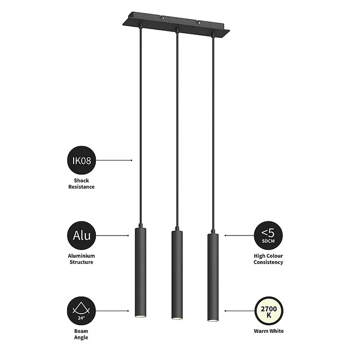Arcchio LED Pendelleuchte in schwarz, Hängelampe -  - Schwarze Dreifach-Pendelleuchte mit zylindrischen Aluminiumschirmen, warmweißem 2700K Licht, 24-Grad-Abstrahlwinkel.