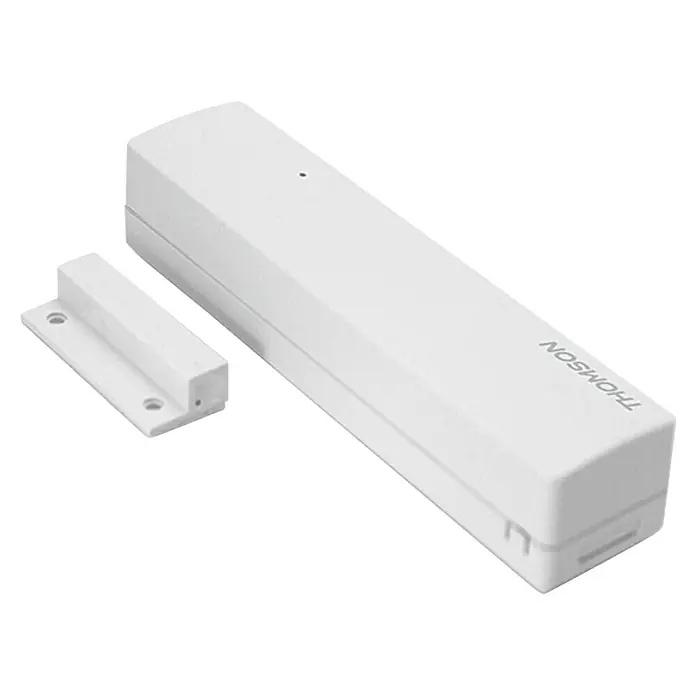Thomson Öffnungsmelder - Batteriebetrieben, Reichweite Funk: 300 m - Nahaufnahme eines weißen Thomson-Tür- und Fenstersensors.