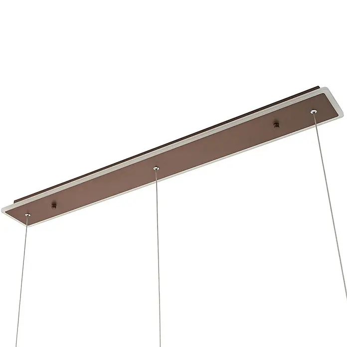 Lucande LED Pendelleuchte in braun, weiß, Hängelampe -  - Braune rechteckige Deckenplatte mit weißem Rand und silbernen Aufhängekabeln für eine Pendelleuchte.