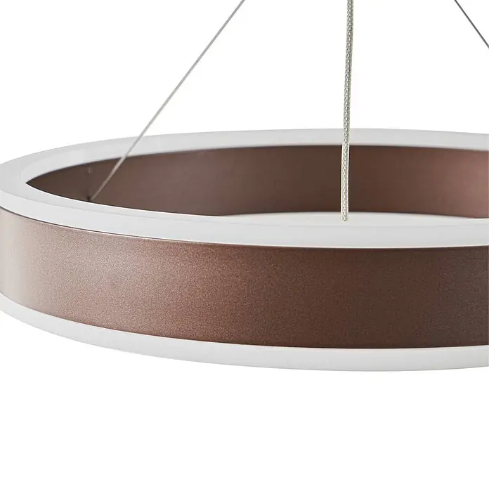 Lucande LED Pendelleuchte in braun, weiß, Hängelampe -  - Nahaufnahme einer runden Pendelleuchte mit roségoldenem Metallband und weißen Diffusoren, an dünnen Drähten hängend.