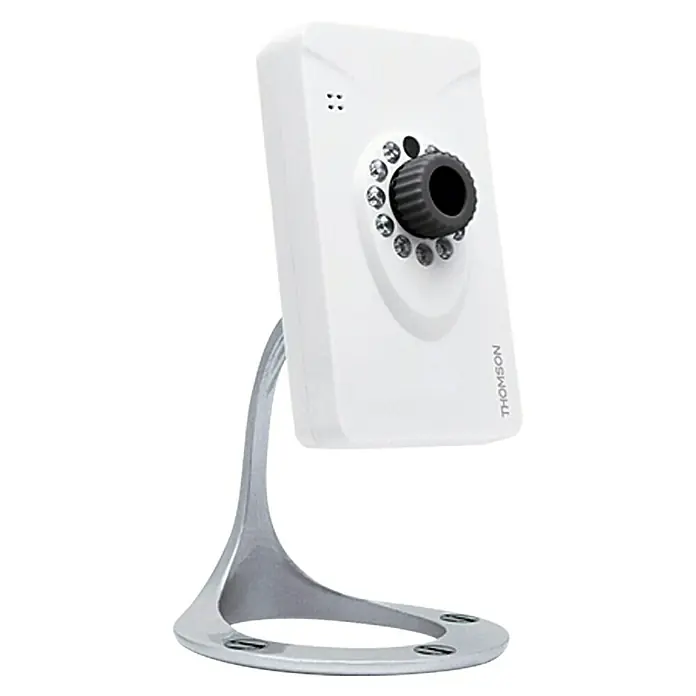 Thomson IP-Innenkamera 720 P - Smarte Steuerung: App + Gateway Thombox, 1.280 x 720 Pixel, 70 ° - Nahaufnahme einer Thomson-Überwachungskamera in Weiß mit silberfarbenem Ständer und Infrarotlichtern.