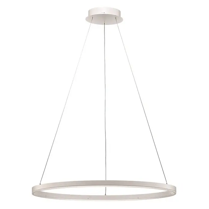 Arcchio LED Pendelleuchte in weiß, Hängelampe -  - Weiße runde LED-Pendelleuchte, an einer Deckenhalterung mit dünnen Drähten aufgehängt.
