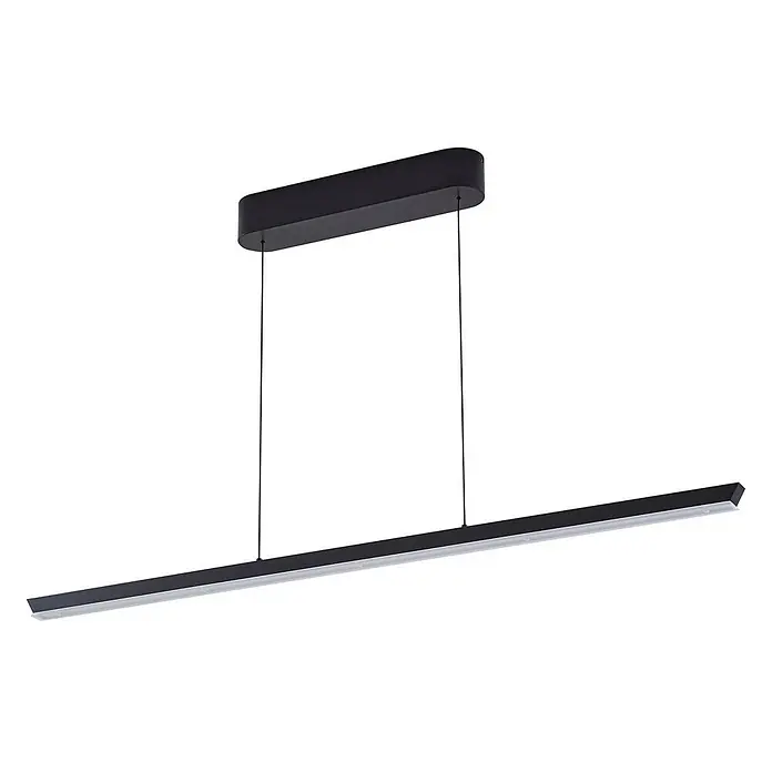 Lucande LED Pendelleuchte in schwarz, dimmbar Hängelampe -  - Schwarze lineare LED-Pendelleuchte, aufgehängt an einem schwarzen Deckenbaldachin.