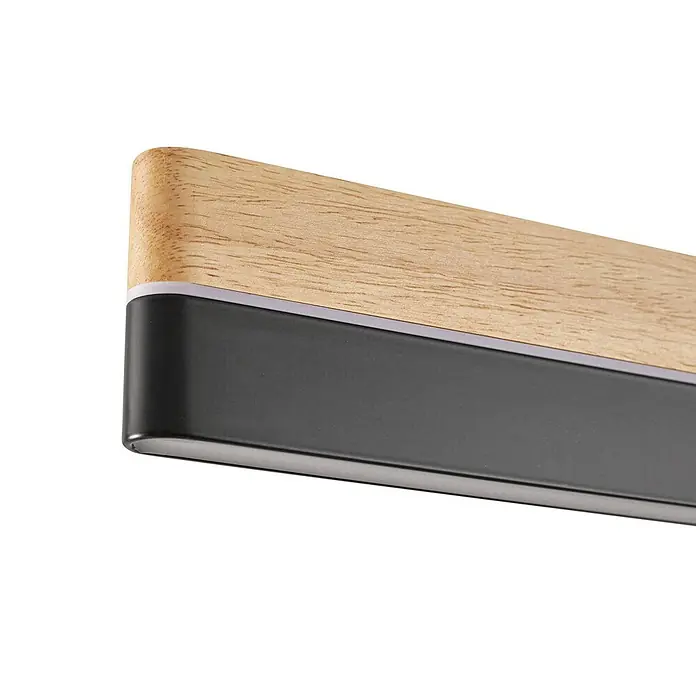 Lucande LED Pendelleuchte in holz, schwarz matt, Hängelampe -  - Lineare Leuchte mit heller Holzoberseite, dunkelgrauem Korpus und einem schmalen integrierten Lichtstreifen.