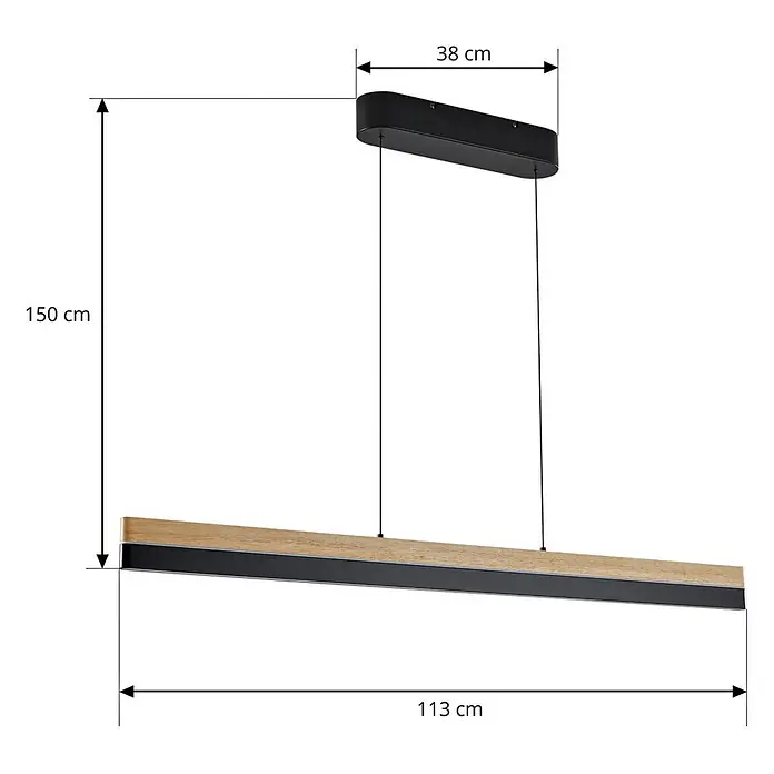Lucande LED Pendelleuchte in holz, schwarz matt, Hängelampe -  - Moderne lineare Pendelleuchte mit schwarzer Deckenhalterung und einer schwarzen Leiste in heller Holzoptik.
