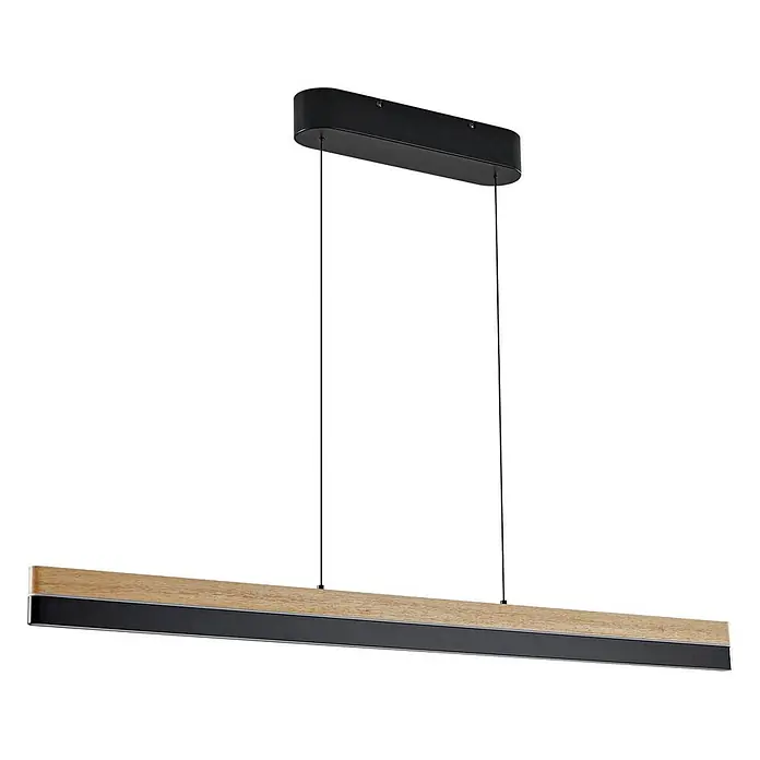 Lucande LED Pendelleuchte in holz, schwarz matt, Hängelampe -  - Schwarze und naturfarbene lineare Pendelleuchte. Aufgehängt an einer schwarzen Deckenhalterung.