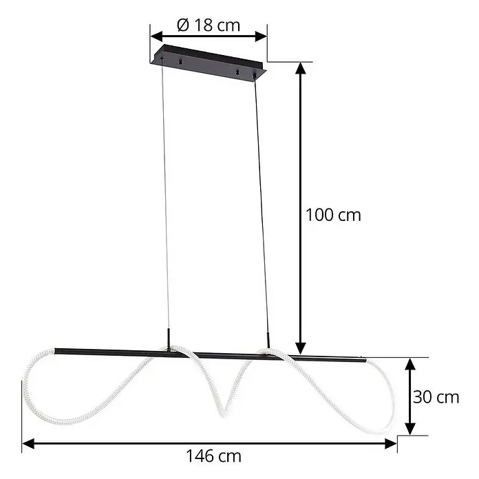 Lucande LED Pendelleuchte in schwarz, Hängelampe -  - Schwarze lineare Pendelleuchte mit gewelltem weißen LED-Lichtband, aufgehängt an einer schwarzen Deckenhalterung.