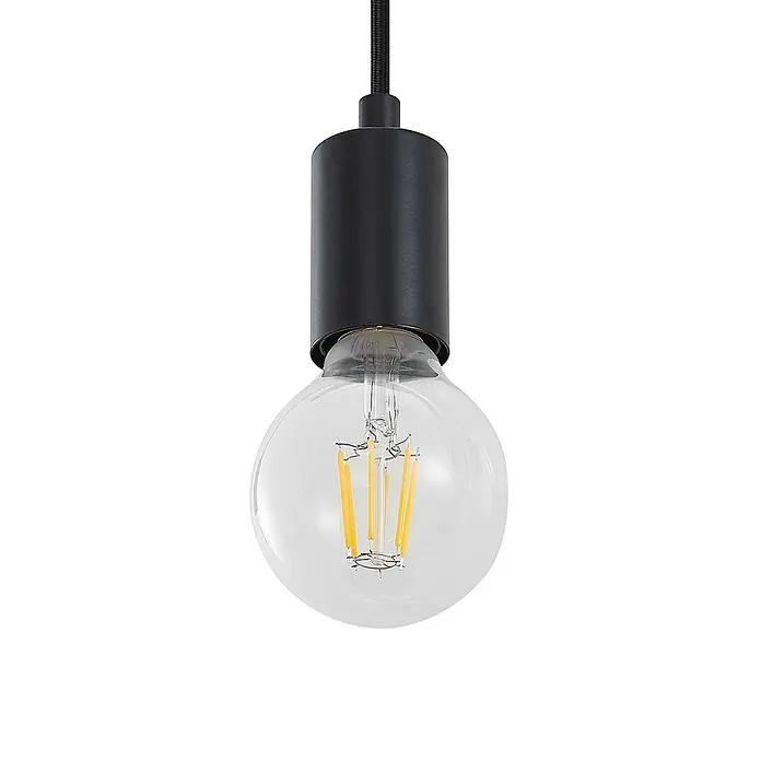 Lindby Pendelleuchte in holz, schwarz matt, Hängelampe -  - Schwarze Pendelleuchtenfassung mit klarer, kugelförmiger LED-Glühlampe, an einem schwarzen Kabel hängend.