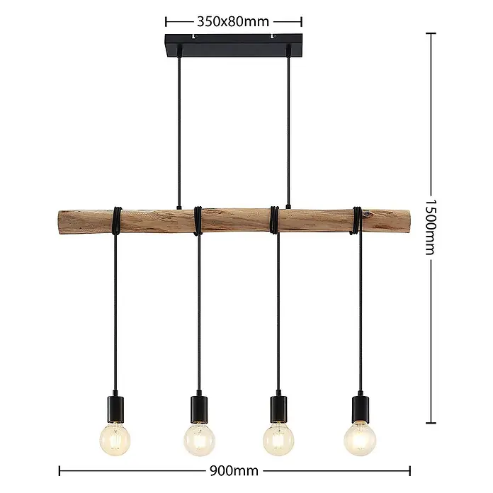 Lindby Pendelleuchte in holz, schwarz matt, Hängelampe -  - Deckenleuchte aus Holz mit vier schwarzen Hängekabeln und Kugellampen.