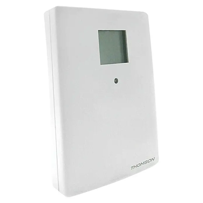 Thomson Funk-Thermo-Hygrometer - Batteriebetrieben, Reichweite Funk: 150 m - Abbildung eines weißen Thomson Raumthermostats mit Display und rundem Knopf, der für die Temperaturregelung in Räumen verwendet wird.