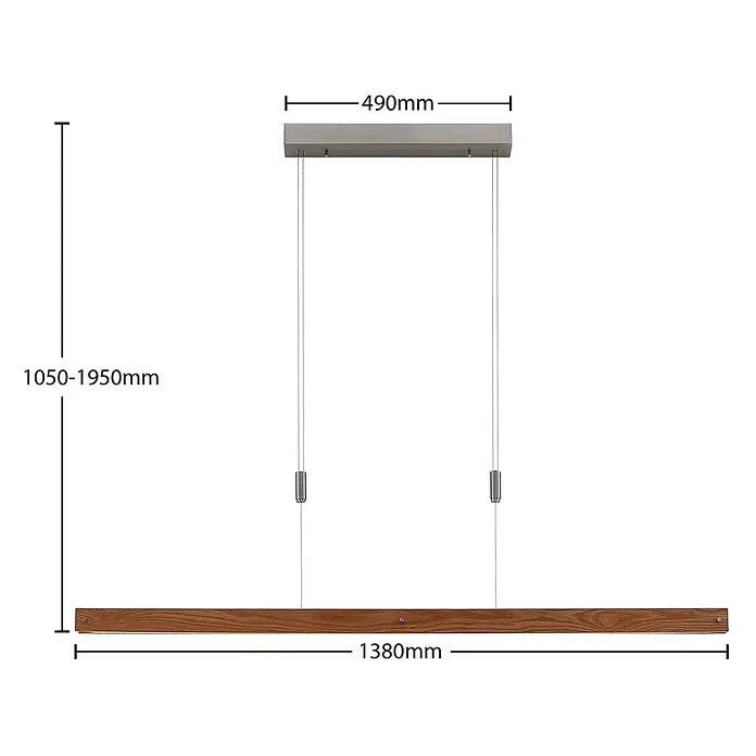 Lindby LED Pendelleuchte in nickel matt, holz, Hängelampe -  - Verstellbare lineare Pendelleuchte mit braunem Holzstab (1380mm lang) und silbernem Deckenbaldachin (490mm lang). Höhe von 1050-1950mm verstellbar.