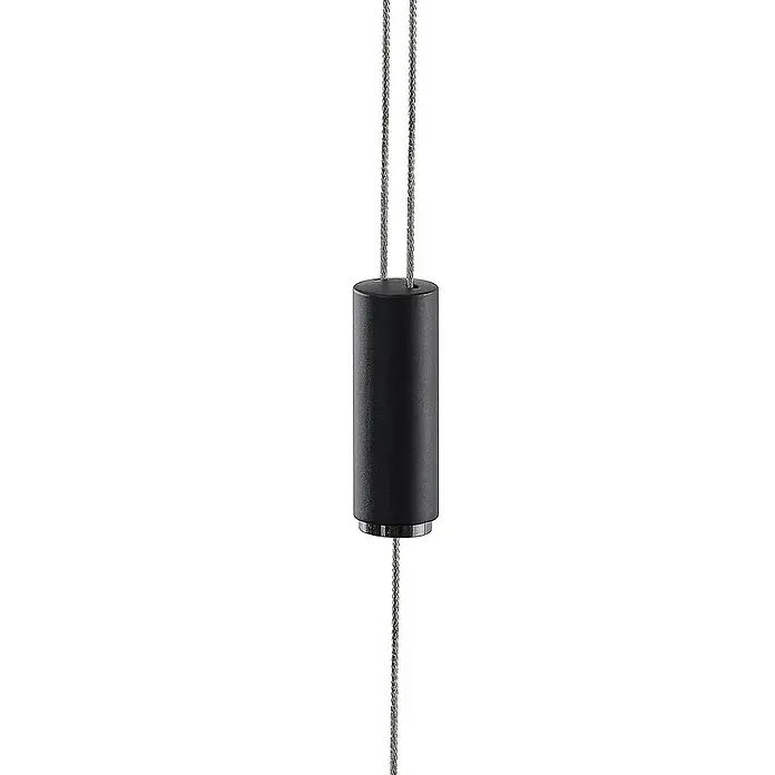 Lucande LED Pendelleuchte in schwarz matt, Hängelampe -  - Schwarzer zylindrischer Kabelspanner, mit zwei Kabeln oben und einem unten.