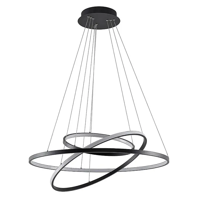 Lucande LED Pendelleuchte in schwarz matt, Hängelampe -  - Moderne LED-Pendelleuchte mit ineinandergreifenden schwarzen und silbernen Ringen, von einer schwarzen Deckenplatte abgehängt.