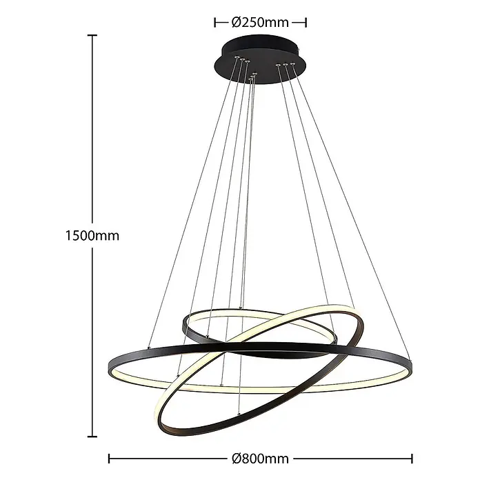Lucande LED Pendelleuchte in schwarz matt, Hängelampe -  - Moderne schwarze Pendelleuchte mit drei verschlungenen, teils beleuchteten Ringen. Gesamthöhe 1500mm, Ø800mm größter Ring, Deckenplatte Ø250mm.