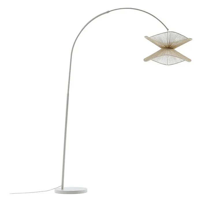 Lindby Stehleuchte Valdorin - creme / amber, creme / amber, E27 - Weiße Bogenstehleuchte mit hellem, geflochtenem geometrischem Lampenschirm.