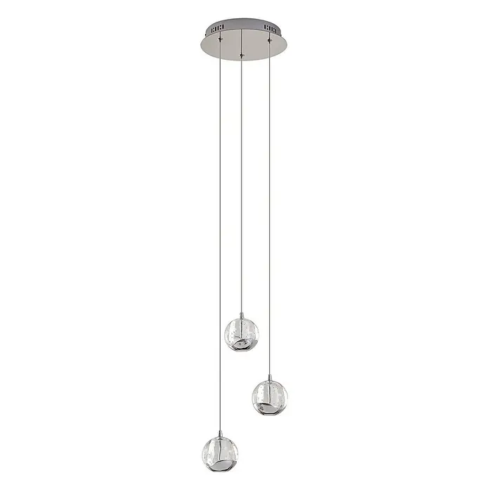 Lucande Pendelleuchte Hayley - klar / transparent, klar, chrom - Dreiflammige Hängeleuchte mit klaren, strukturierten Glaskugeln und Chromakzenten, die von einer runden Silberplatte hängen.