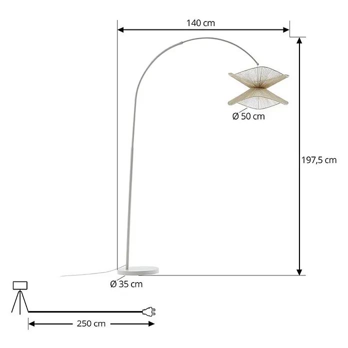 Lindby Stehleuchte Valdorin - creme / amber, creme / amber, E27 - Weiße Bogenstehlampe mit goldenem, skulpturalem Drahtschirm. Maße: 197,5 cm Höhe, 140 cm Breite.