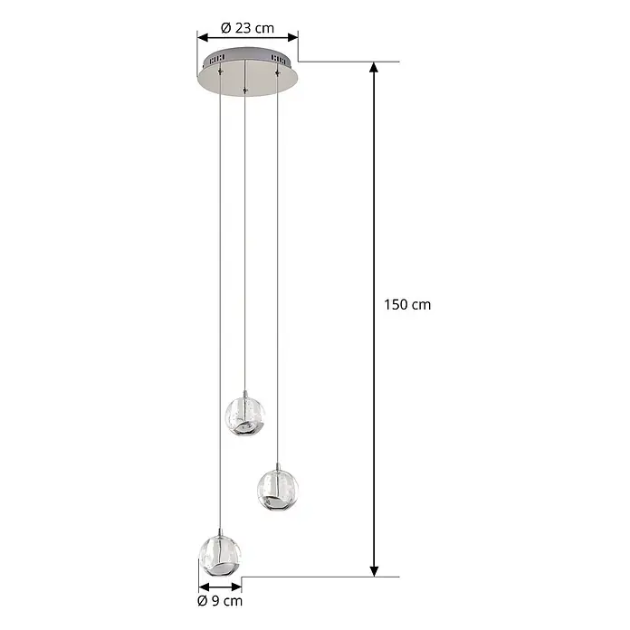 Lucande Pendelleuchte Hayley - klar / transparent, klar, chrom - Chrom-Pendelleuchte: 3 klare Blasenglas-Kugeln (Ø 9 cm) an runder Deckenplatte (Ø 23 cm). Gesamtlänge 150 cm.