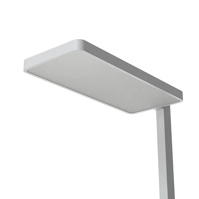 Arcchio LED Stehlampe Büro in silber, up down Büroleuchte -  - Weißes, rechteckiges Beleuchtungspanel mit abgerundeten Ecken und perforierter Unterseite, an einem vertikalen Pfosten montiert.