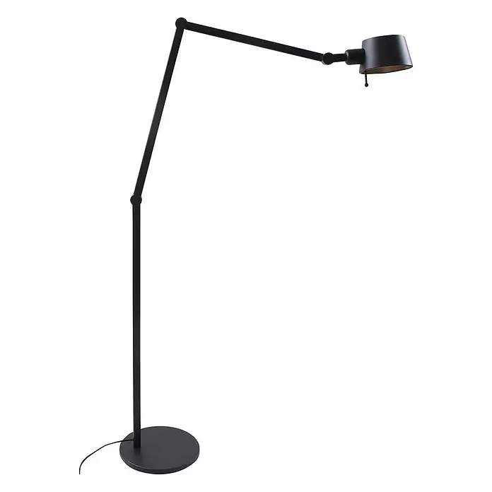 Lucande Stehlampe Büro in schwarz, gold, Büroleuchte -  - Schwarze, verstellbare Stehlampe mit Gelenkarm und zylindrischem Schirm, auf rundem Sockel.