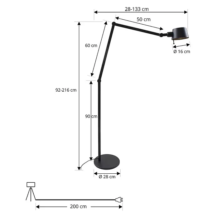Lucande Stehlampe Büro in schwarz, gold, Büroleuchte -  - Verstellbare schwarze Stehlampe mit rundem Fuß und zwei beweglichen Armen, Maße für Höhe (92-216 cm) und Ausladung (28-133 cm).