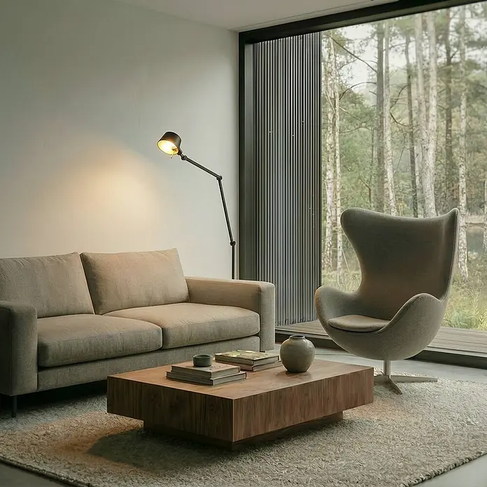 Lucande Stehlampe Büro in schwarz, gold, Büroleuchte -  - Modernes Wohnzimmer mit hellem Sofa, dunklem Holztisch und grauem Sessel, vor großem Fenster mit Waldblick.