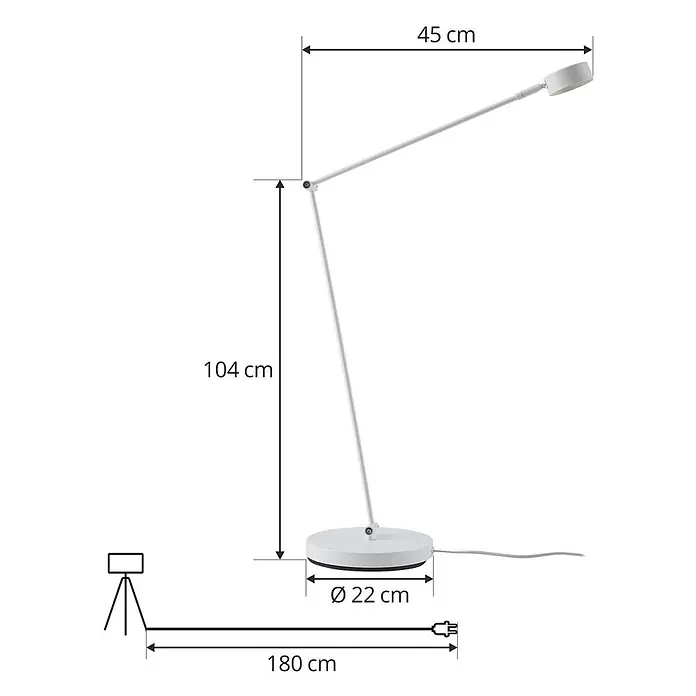 Lindby Stehleuchte Jyla - weiß / opal, weiß / opal - Weiße verstellbare Schreibtischlampe mit rundem Fuß und Maßangaben.
