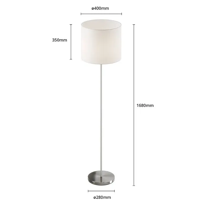 Lindby Stehlampe Wohnzimmer in weiß, nickel matt, Stehleuchte -  - Moderne Stehlampe mit weißem zylindrischem Stoffschirm, schlankem silbernem Standfuß und rundem silbernem Sockel.