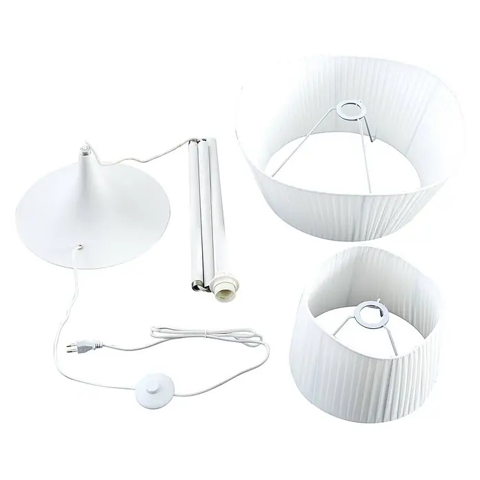 Lindby Stehleuchte Eryndor - weiß / opal, weiß / opal, E27 - Zerlegte weiße Stehlampe mit Fuß, klappbarem Ständer, Netzkabel mit Fußschalter und zwei plissierten weißen Stofflampenschirmen.