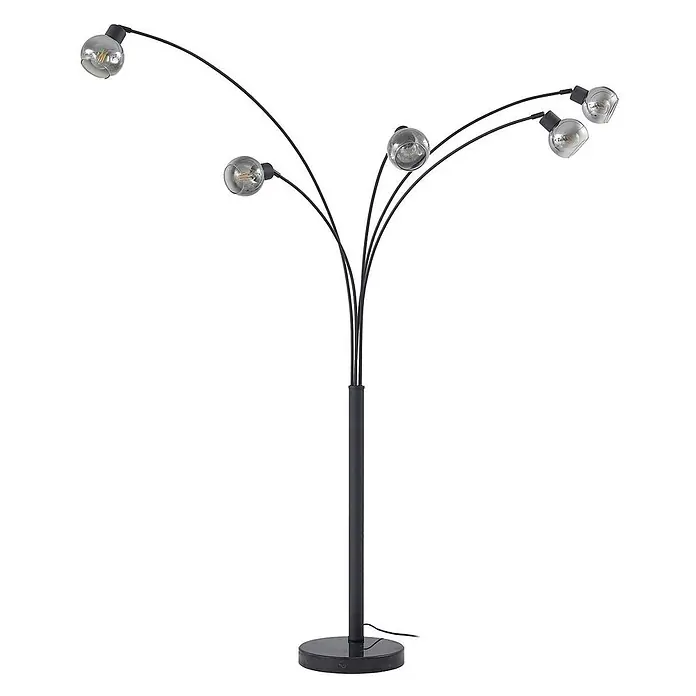Lindby Stehlampe in rauchgrau, schwarz, Bogenlampe Wohnzimmer -  - Schwarze Metall-Stehleuchte mit fünf geschwungenen Armen, fünf Rauchglasbirnen und rundem Fuß.