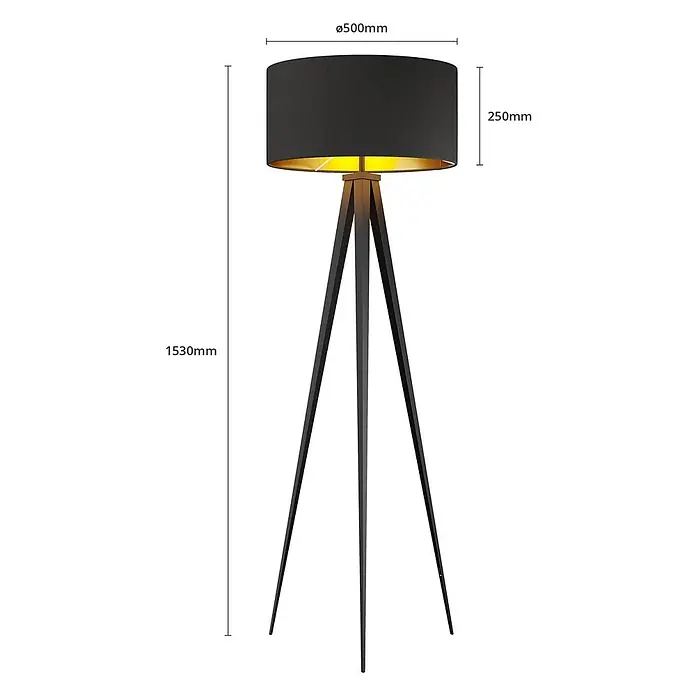 Lindby Stehlampe Dreibein schwarz gold mit Fußschalter, ohne Leuchtmittel -  - Schwarze Stehlampe mit Dreibeinstativ, schwarzem Schirm und goldener Innenseite, 1530mm hoch.