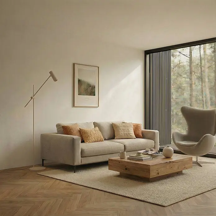 Lindby Stehlampe Wohnzimmer in beige, Stehleuchte -  - Modernes Wohnzimmer mit hellem, beigefarbenem Sofa, Couchtisch aus Holz und grauem Sessel.