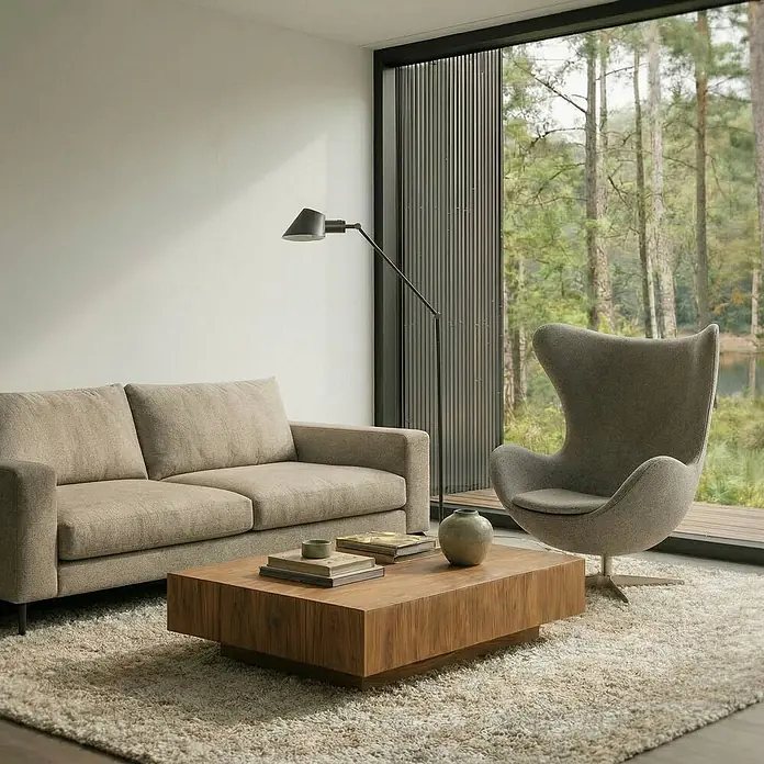 Lindby Stehlampe Wohnzimmer in schwarz, Stehleuchte -  - Ein modernes Wohnzimmer mit beigem Sofa, quadratischem Holztisch und grauem Polstersessel, an einem Fenster mit Waldblick gelegen.