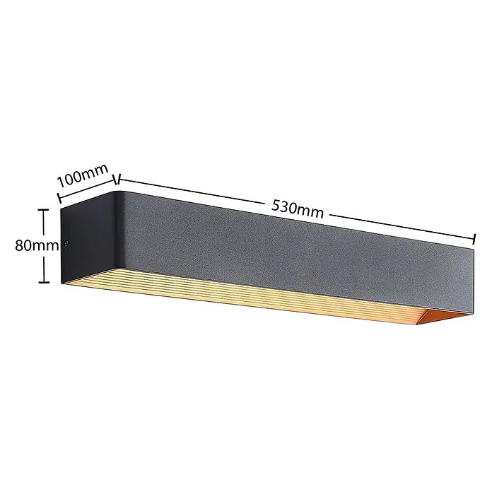 Arcchio LED Wandleuchte innen in schwarz, gold, Wandlampe -  - Dunkelgraue rechteckige Wandleuchte, 530x80x100mm, mit warmer goldener Innenseite.