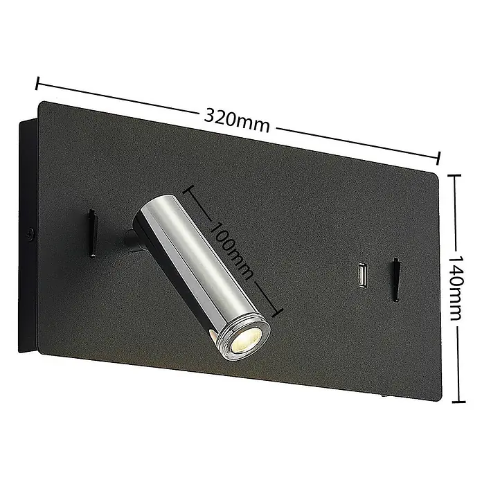Lucande LED Wandleuchte innen in schwarz, chrom, Wandlampe -  - Schwarze rechteckige Wandleuchte mit verstellbarem silbernem Zylinderspot (320x140mm), mit USB-Anschluss und Telefonhalter.